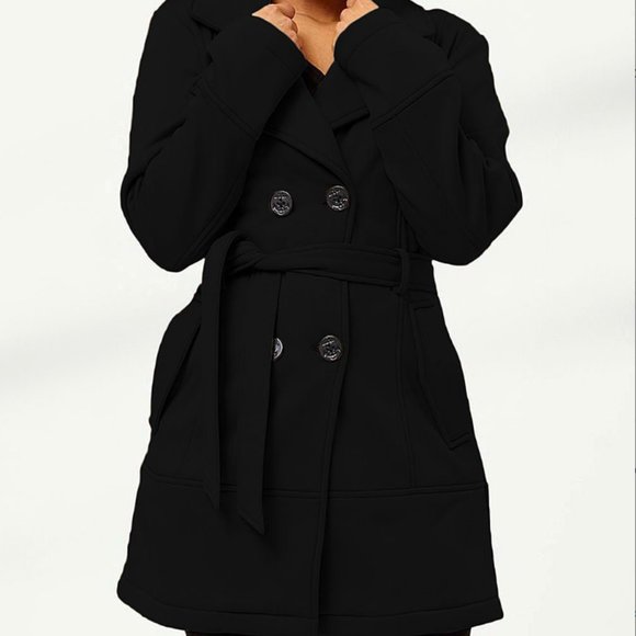 BIG CHILL | Black Double-Breasted Belted Fleece Trenchcoat (Size: M) - Picture 2 of 16
